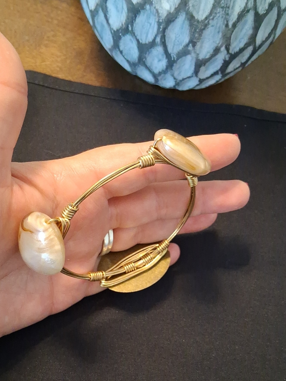 Handcrafted Gold Wire Bracelet with Pearl Beads